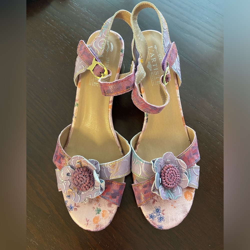 Spring Step L’Artiste Collection Lilac Floral Heel Sandal Sz 42 10-10.5